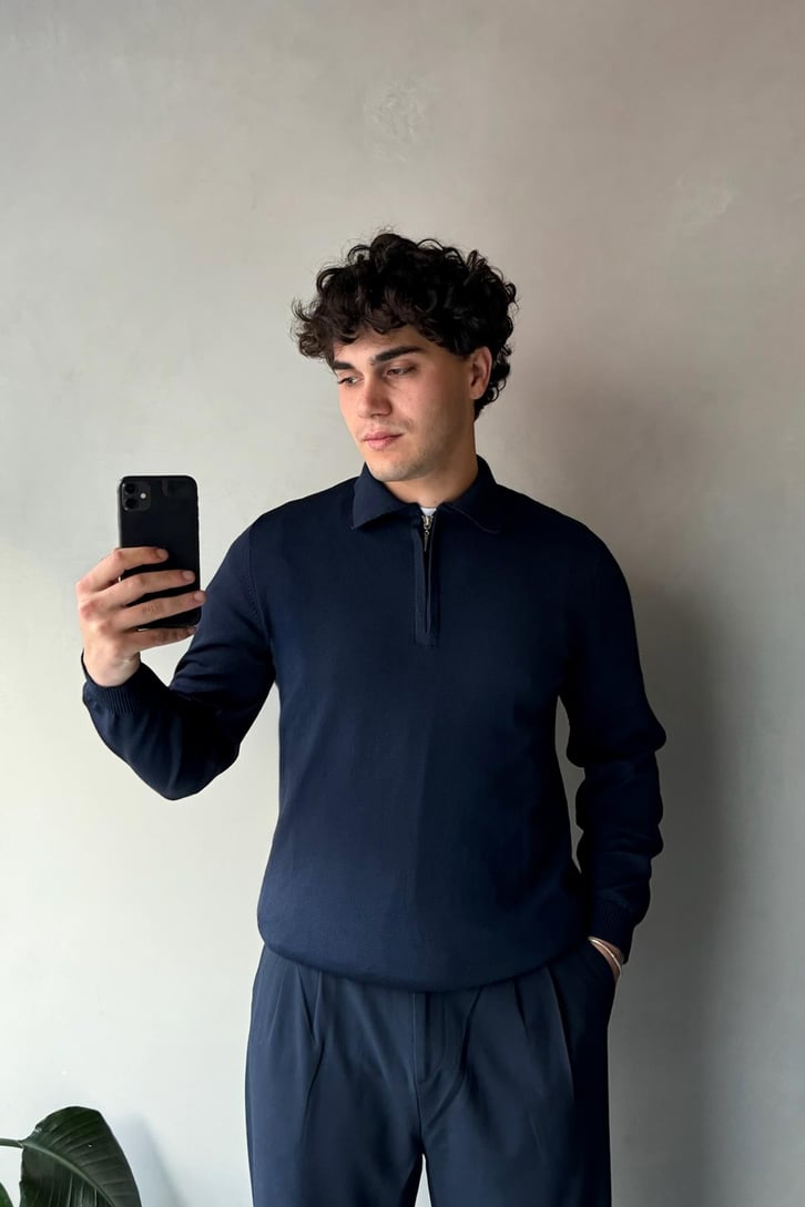 Half Zip Polo Yaka İnce Triko Kazak