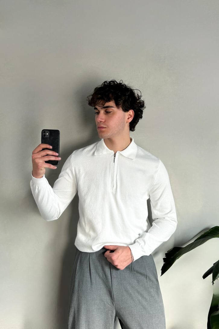 Half Zip Polo Yaka İnce Triko Kazak