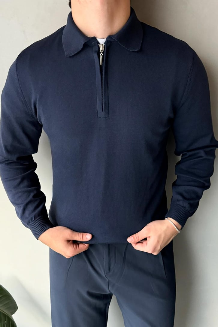 Half Zip Polo Yaka İnce Triko Kazak