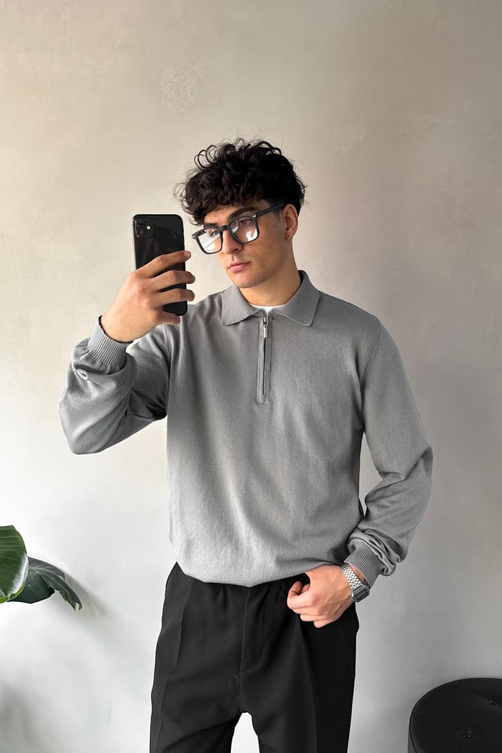 Half Zip Polo Yaka İnce Triko Kazak