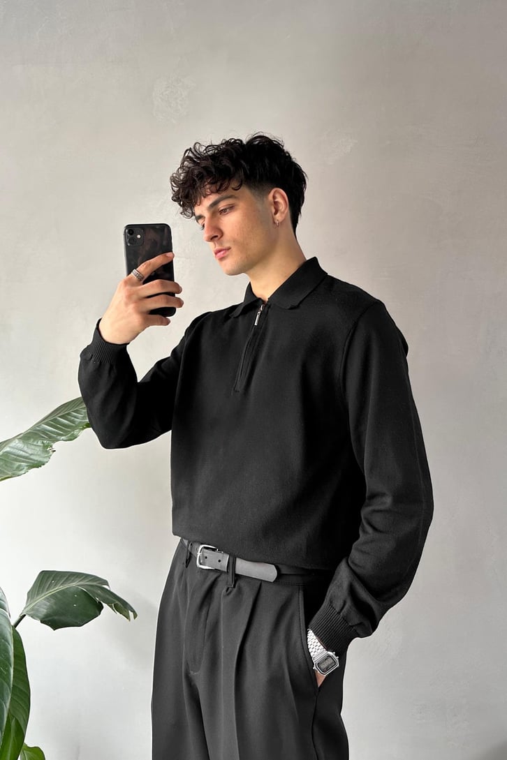Half Zip Polo Yaka İnce Triko Kazak
