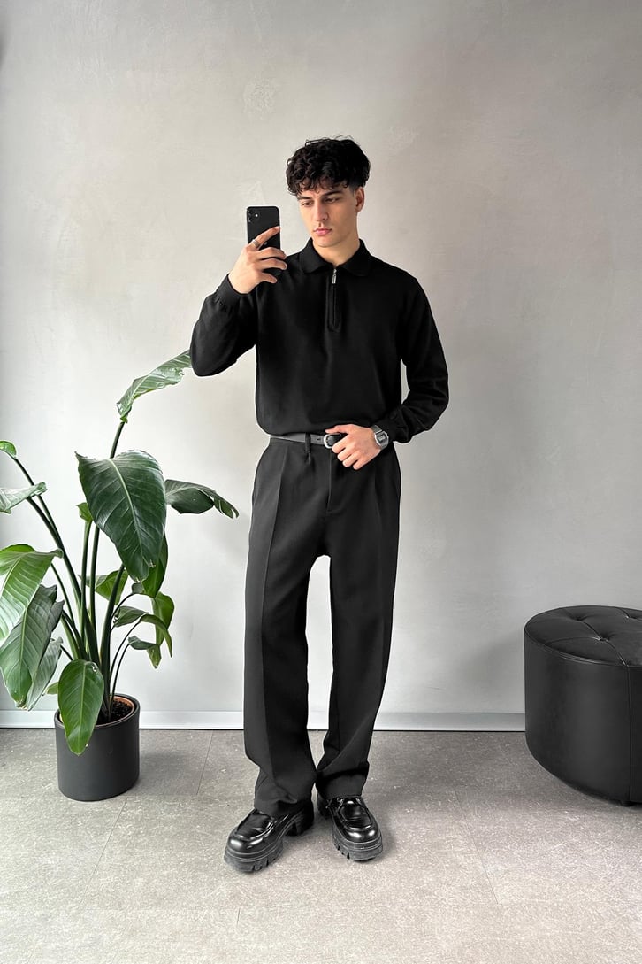 Half Zip Polo Yaka İnce Triko Kazak