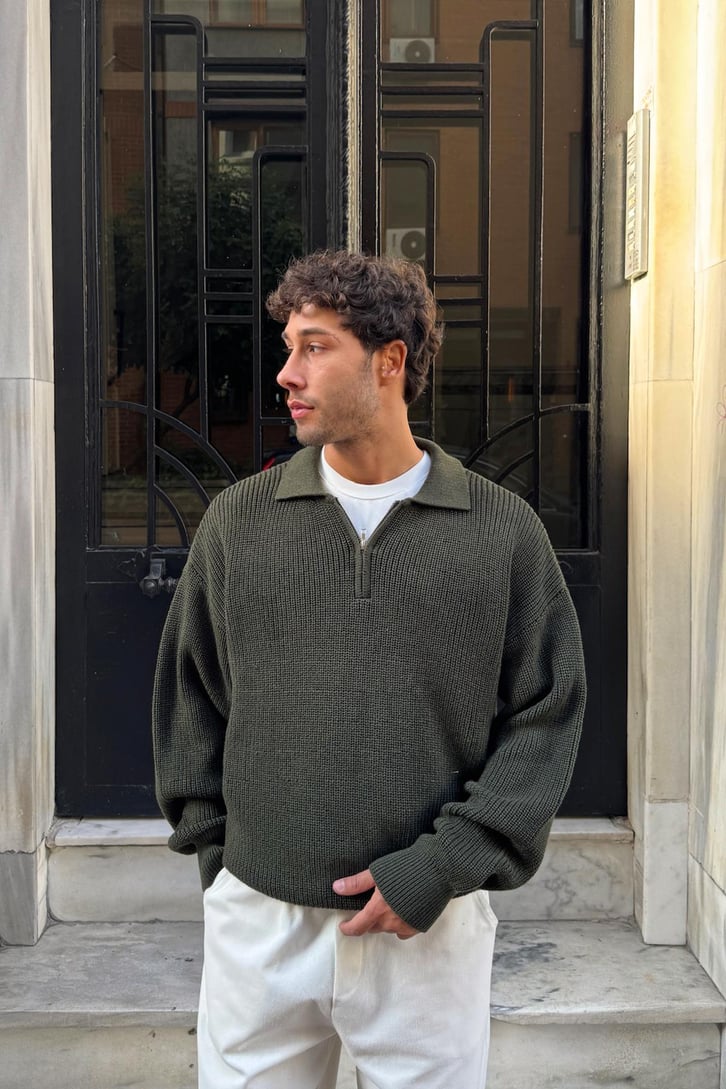 Half Zip Polo Yaka Triko Kazak