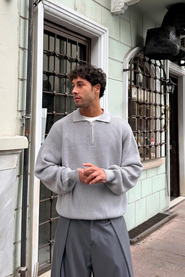 Half Zip Polo Yaka Triko Kazak
