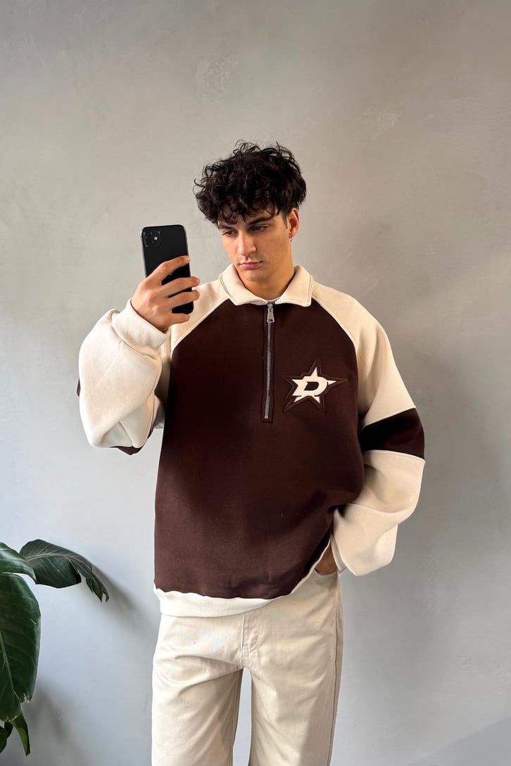 Half Zip Stars Nakışlı Oversize Sweatshirt
