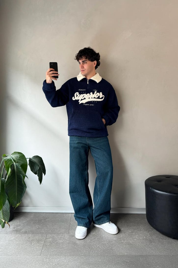Half Zip Writing Nakışlı Peluş Sweatshirt