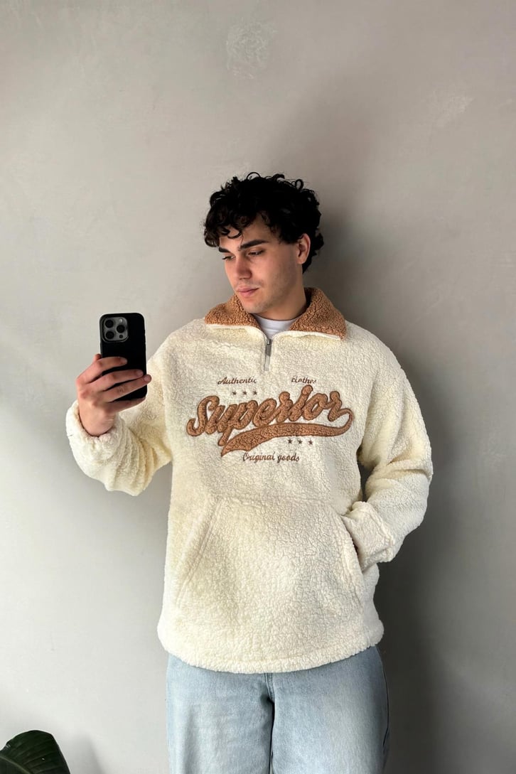 Half Zip Writing Nakışlı Peluş Sweatshirt