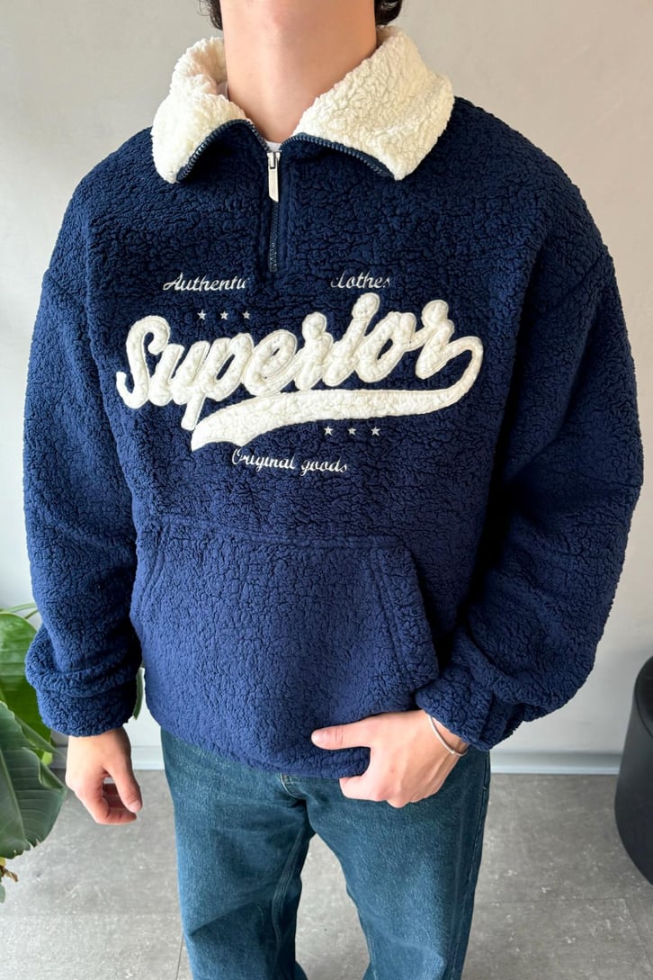 Half Zip Writing Nakışlı Peluş Sweatshirt