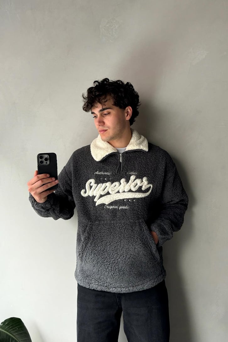 Half Zip Writing Nakışlı Peluş Sweatshirt