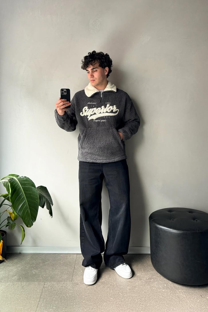 Half Zip Writing Nakışlı Peluş Sweatshirt