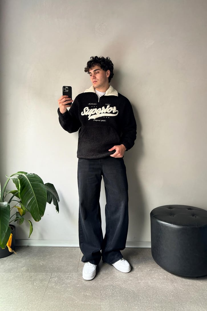 Half Zip Writing Nakışlı Peluş Sweatshirt