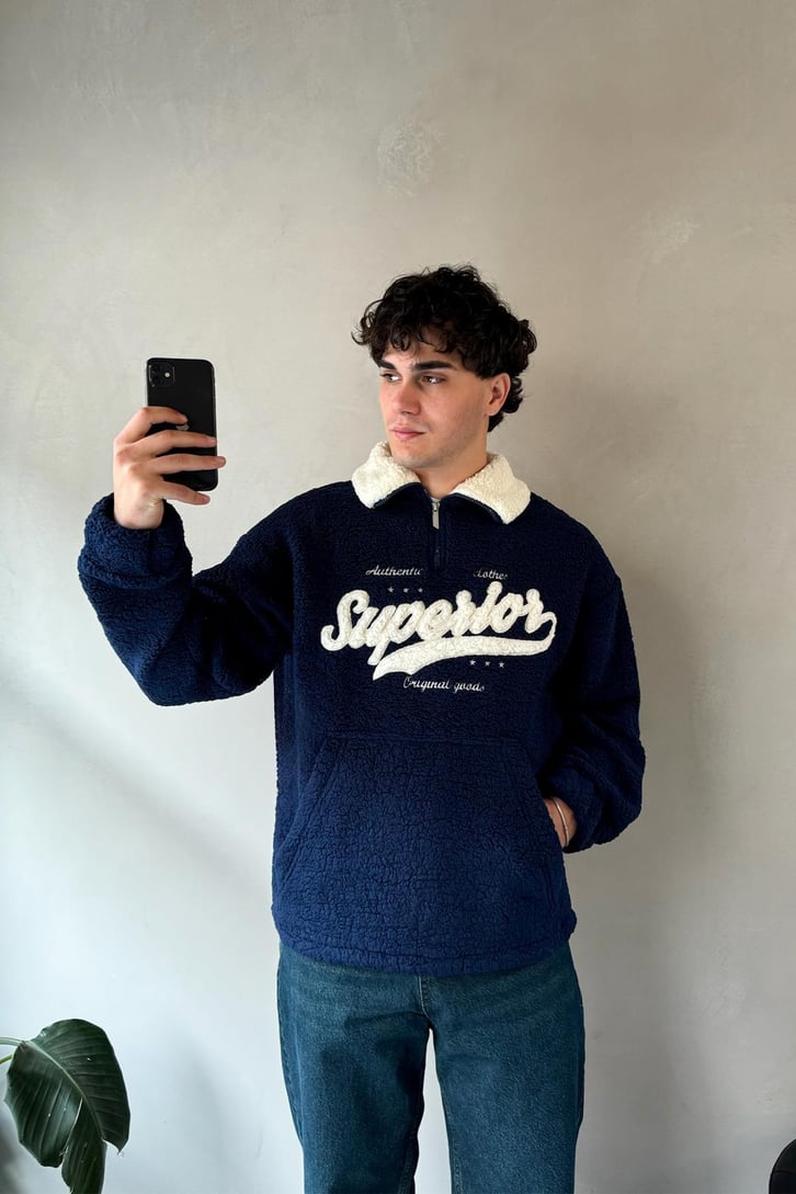 Half Zip Writing Nakışlı Peluş Sweatshirt