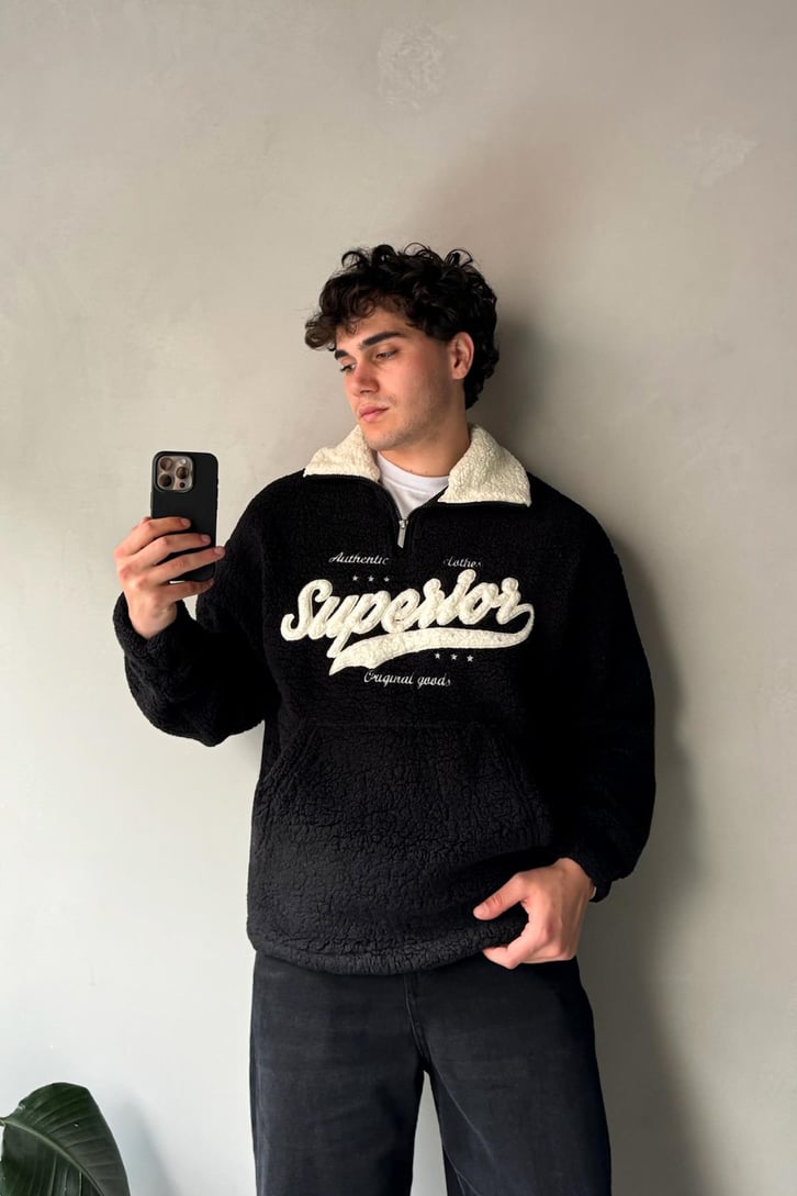 Half Zip Writing Nakışlı Peluş Sweatshirt