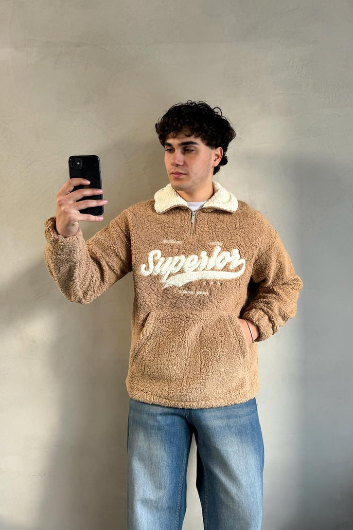Half Zip Writing Nakışlı Peluş Sweatshirt