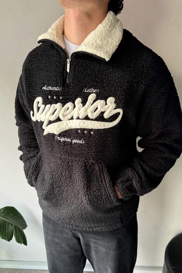 Half Zip Writing Nakışlı Peluş Sweatshirt