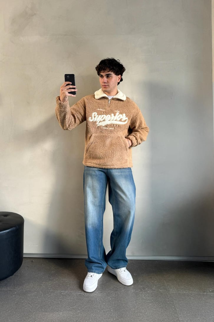 Half Zip Writing Nakışlı Peluş Sweatshirt