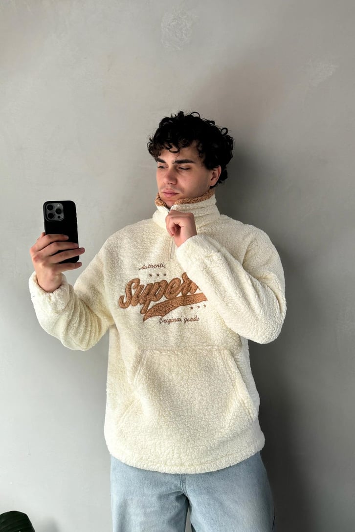 Half Zip Writing Nakışlı Peluş Sweatshirt