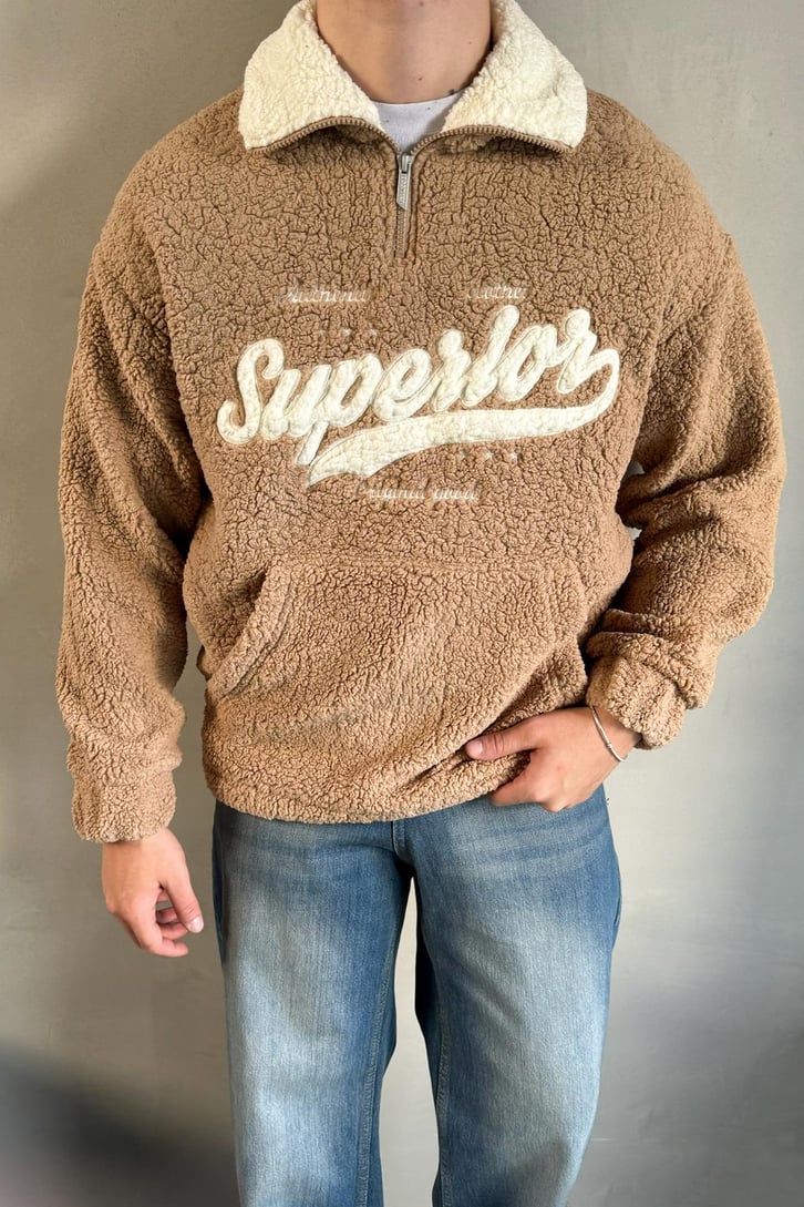 Half Zip Writing Nakışlı Peluş Sweatshirt
