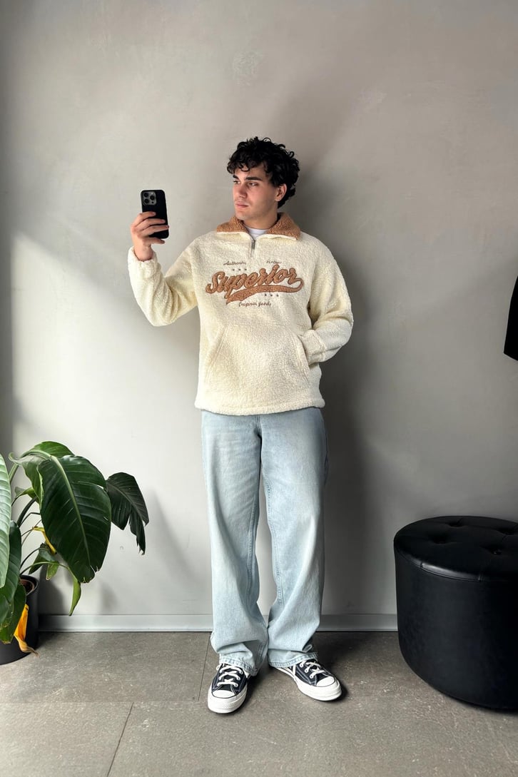 Half Zip Writing Nakışlı Peluş Sweatshirt