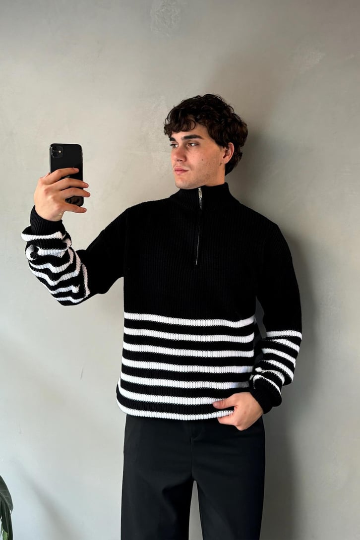 Half Zip Yarım Balıkçı Çizgili Kazak