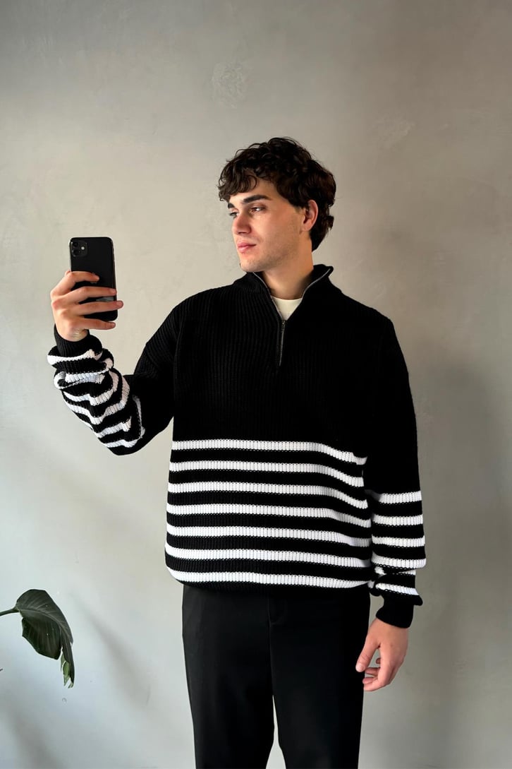 Half Zip Yarım Balıkçı Çizgili Kazak