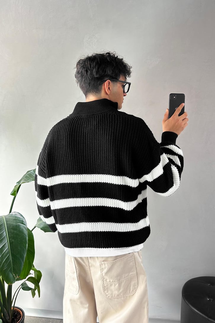 Half Zip Yarım Balıkçı Çizgili Kazak