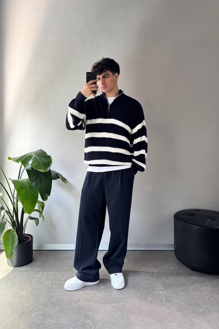 Half Zip Yarım Balıkçı Çizgili Kazak