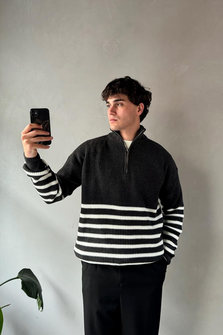 Half Zip Yarım Balıkçı Çizgili Kazak