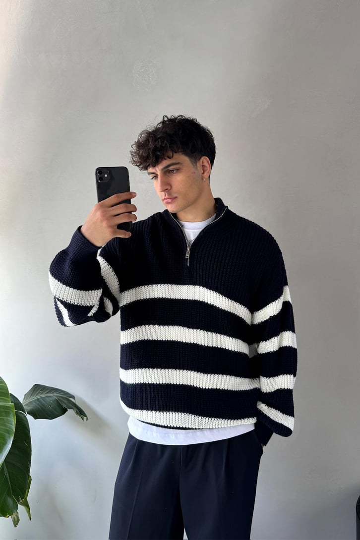 Half Zip Yarım Balıkçı Çizgili Kazak