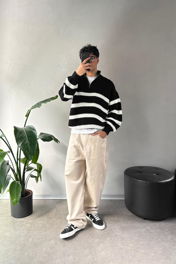 Half Zip Yarım Balıkçı Çizgili Kazak