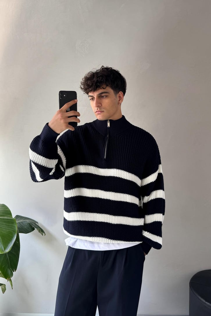Half Zip Yarım Balıkçı Çizgili Kazak