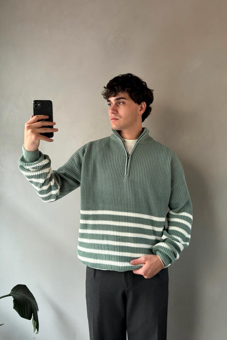 Half Zip Yarım Balıkçı Çizgili Kazak