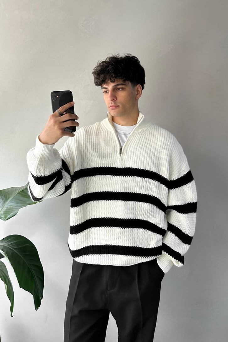 Half Zip Yarım Balıkçı Çizgili Kazak