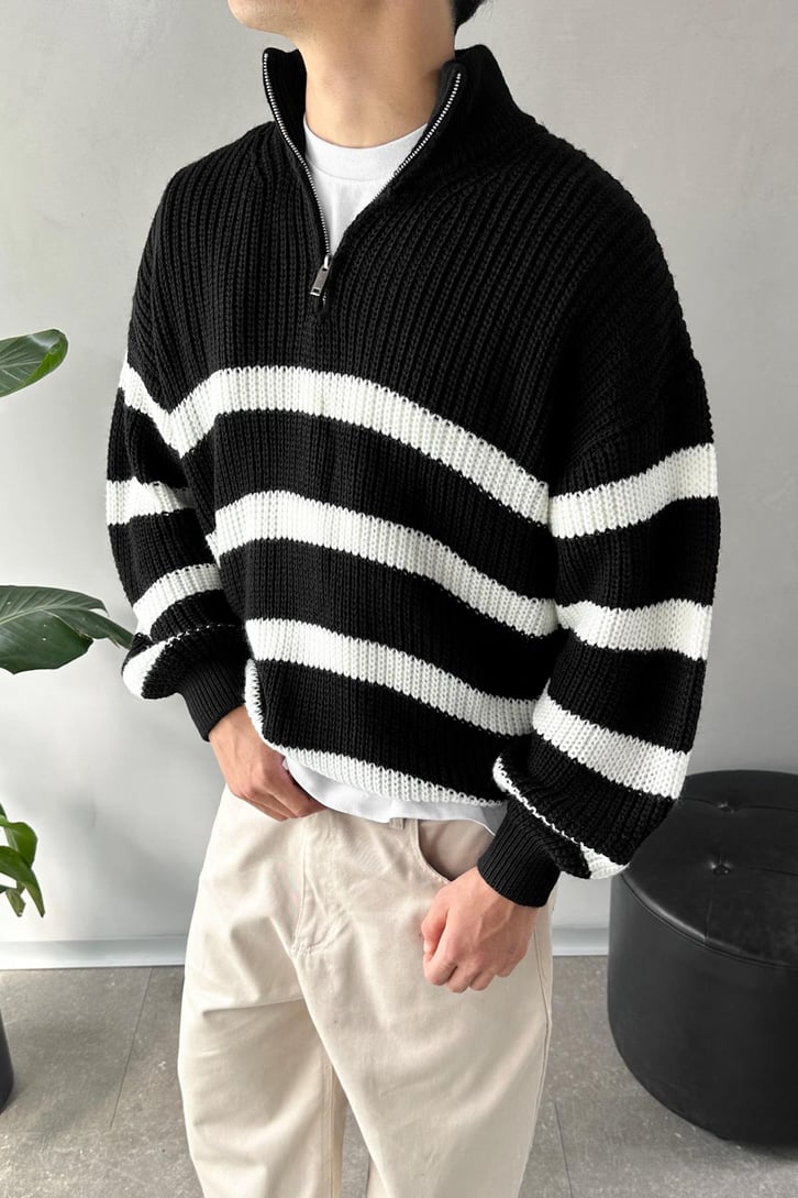 Half Zip Yarım Balıkçı Çizgili Kazak