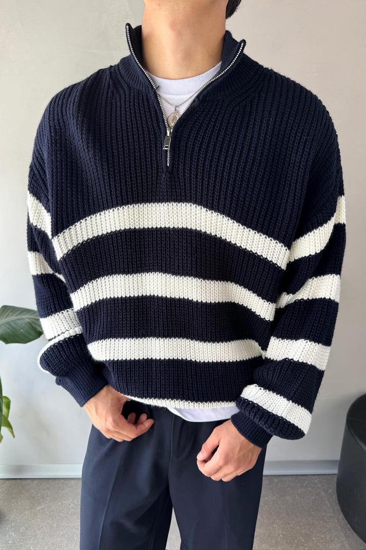 Half Zip Yarım Balıkçı Çizgili Kazak