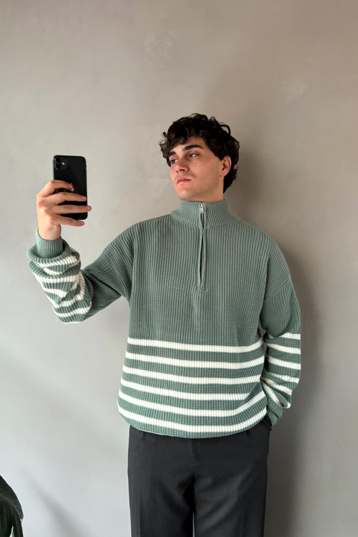 Half Zip Yarım Balıkçı Çizgili Kazak