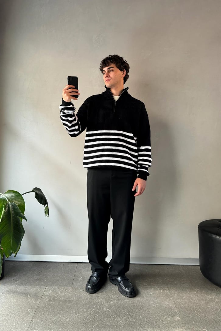 Half Zip Yarım Balıkçı Çizgili Kazak