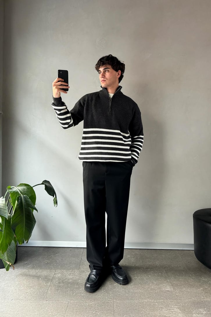 Half Zip Yarım Balıkçı Çizgili Kazak