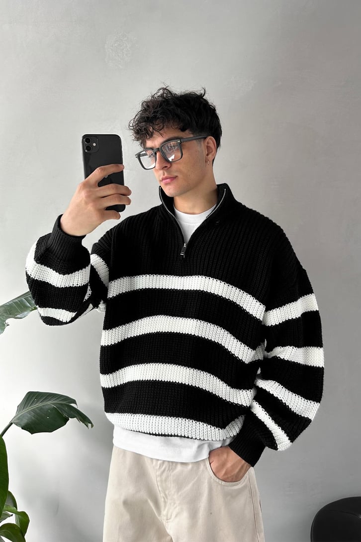 Half Zip Yarım Balıkçı Çizgili Kazak