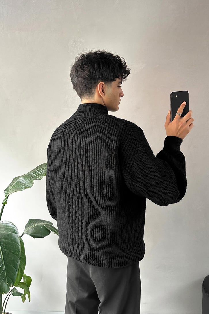 Half Zip Yarım Balıkçı Siyah Triko Kazak