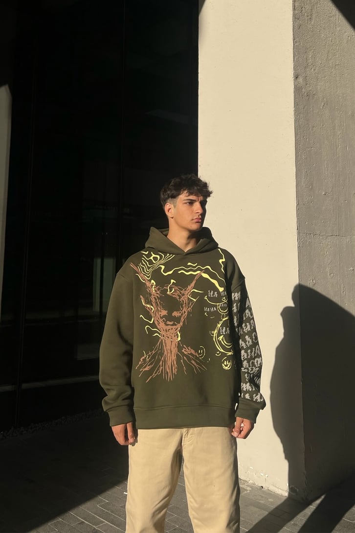 Happy Picture Baskılı Haki Oversize Sweatshirt