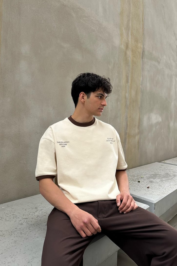 Harlem Baskılı Krem Oversize Tişört
