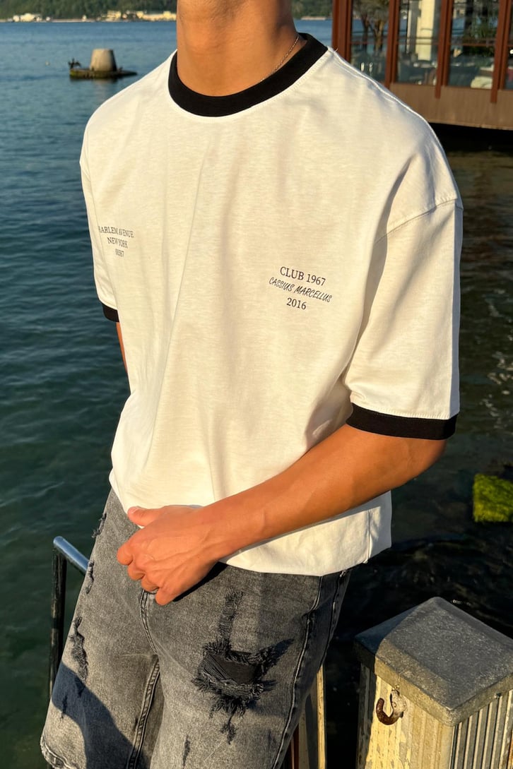 Harlem Baskılı Krem Oversize Tişört