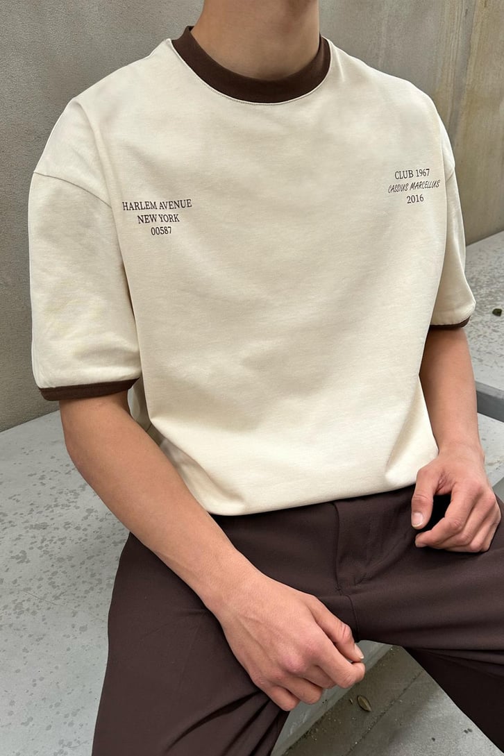 Harlem Baskılı Krem Oversize Tişört
