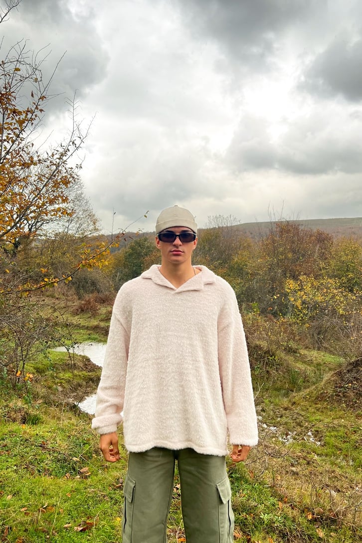 Havlu Dokulu Toz Pembe Oversize Sweatshirt