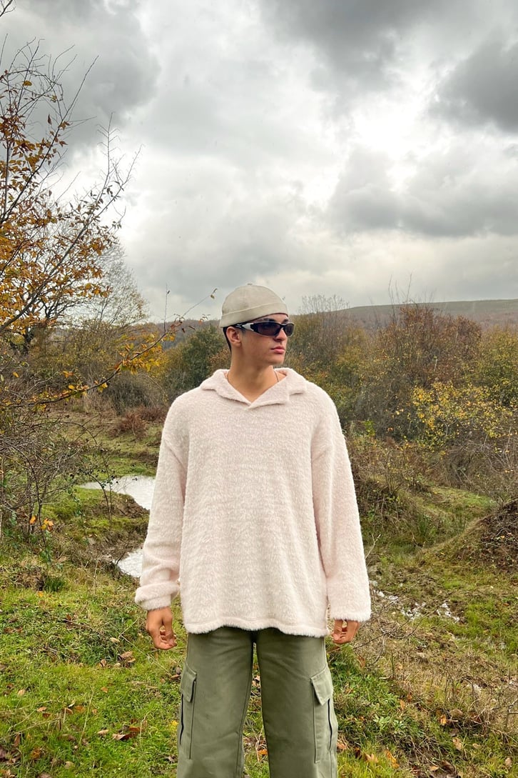 Havlu Dokulu Toz Pembe Oversize Sweatshirt