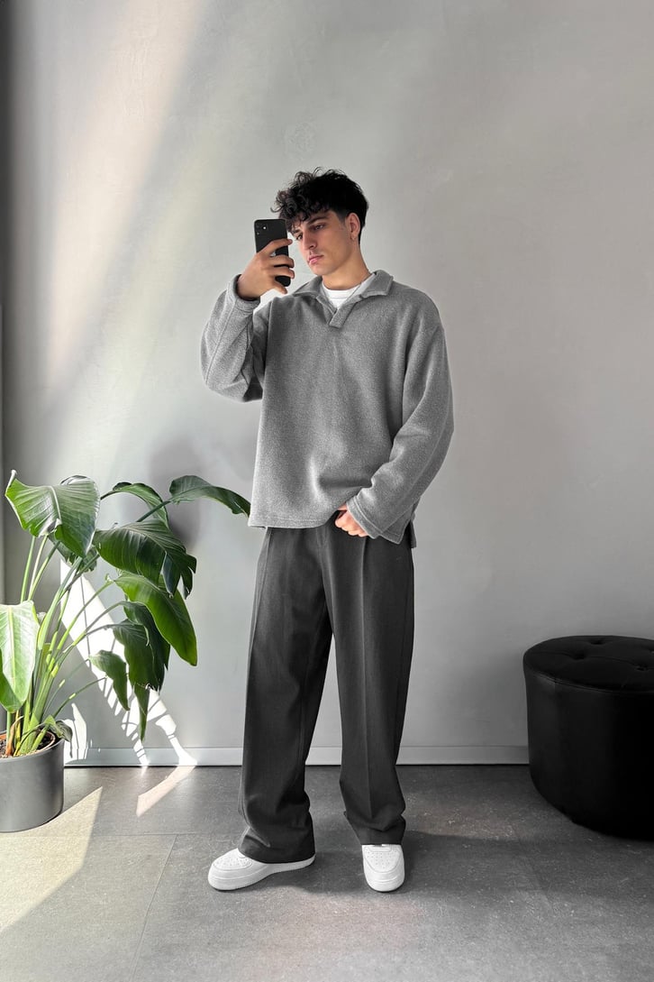 Havlu Kumaş Polo Yaka Sweatshirt