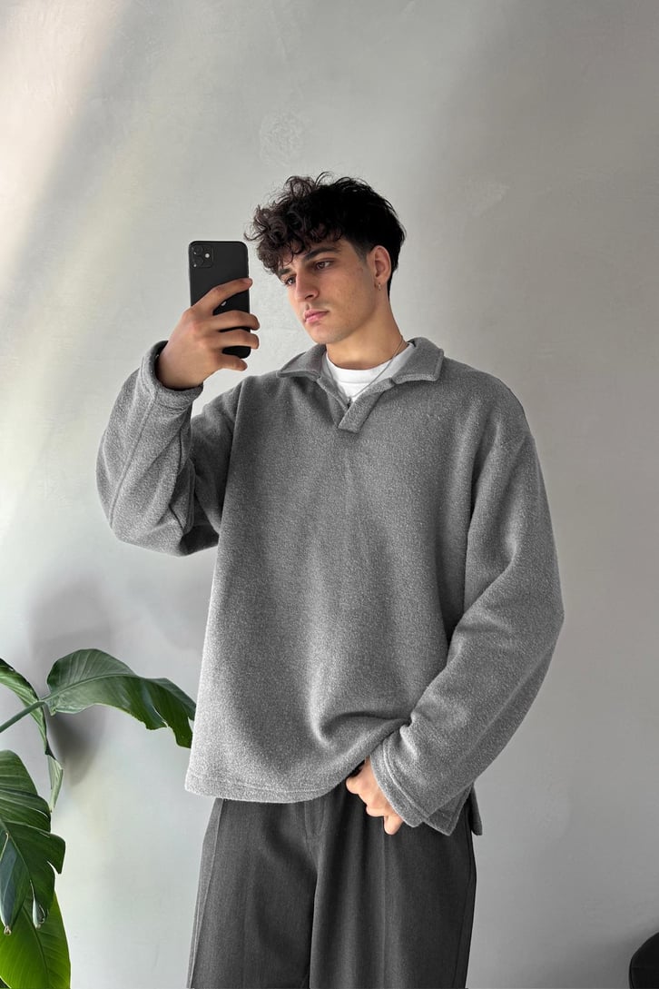 Havlu Kumaş Polo Yaka Sweatshirt