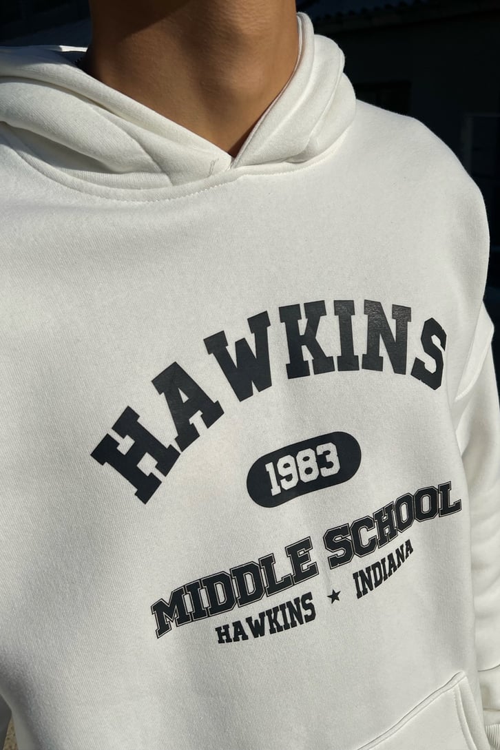 Hawkins Baskılı Beyaz Oversize Hoodie