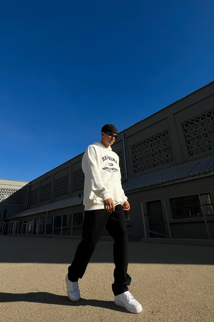 Hawkins Baskılı Beyaz Oversize Hoodie
